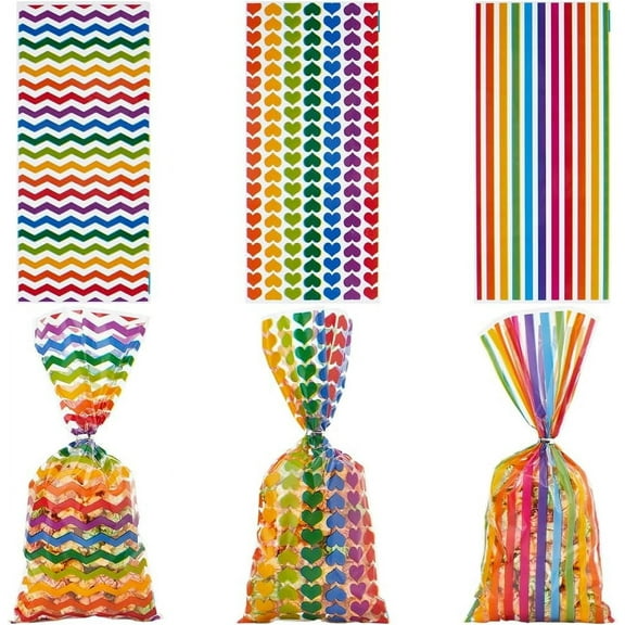3 Styles 120PCS Candy Gift Bag Rainbow Plastic Clear Cellophane Treat Bags Twist Ties Stripes Polka Heart Printed Pattern Goodie Package for Birthday Cookie Packing Party Favor Supplies DIY