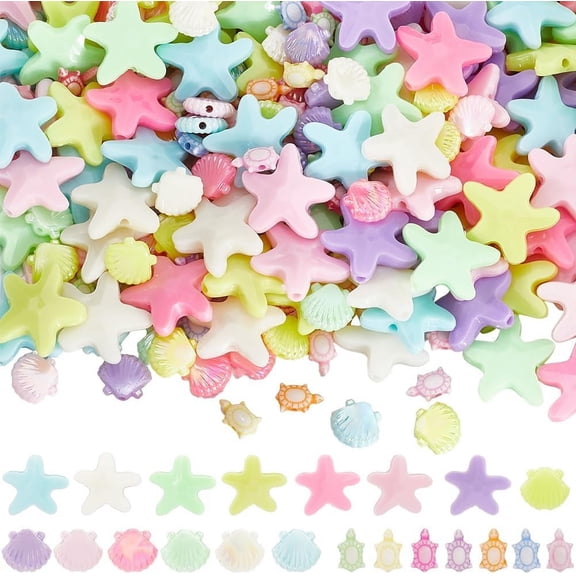 3 Styles 300pcs Summer Beads Acrylic Beach Beads Cute Shell Shaped Sea Star Turtle Tortoise Ocean Marine Animal Starfish Spacer Bead for Jewelry Making Adult Party Decoration DIY Gift