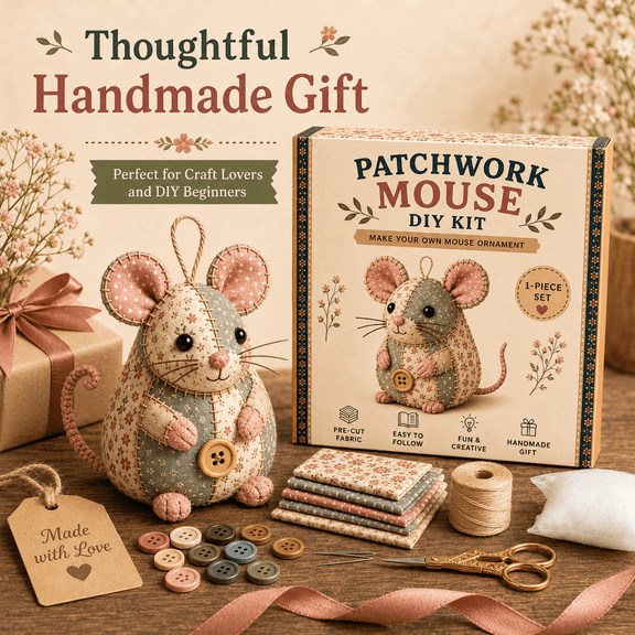 3 Styles ABC Patchwork Mouse Hand Sewing DIY Kit, Vintage Floral Handmade Ornament Craft Set, Soft Fabric Stuffed Mouse Making Kit for Home Decor -Style B
