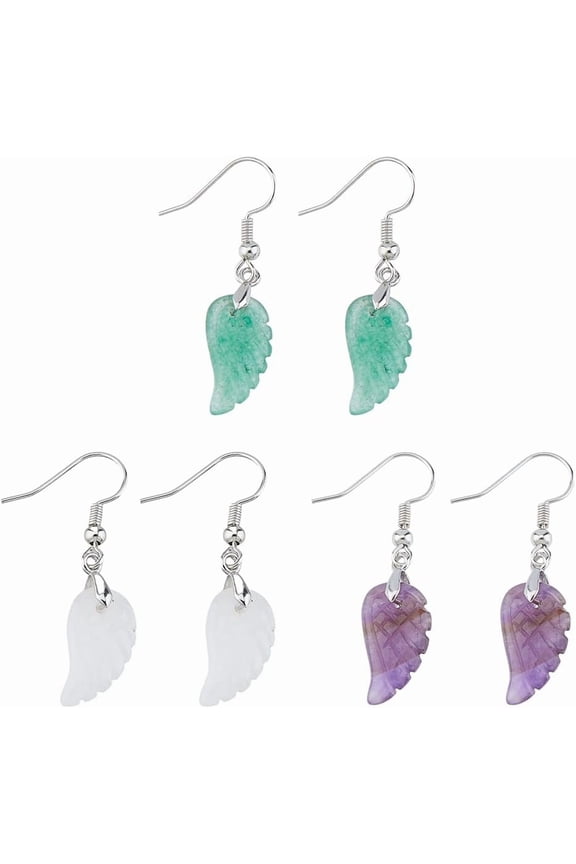 3 Styles Angel Wing Dangle Earrings 3 Pairs Gemstone Drop Earrings Amethyst Hook Earrings 18x10mm Green Aventurine Pendant Earring with Brass Pins for Women Ladies diy
