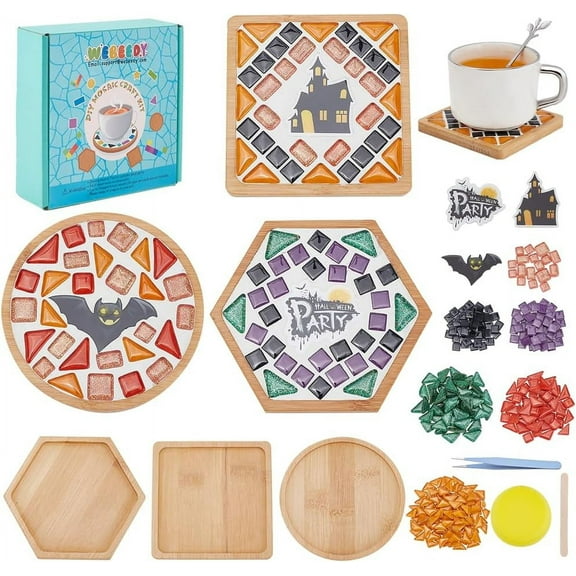 3 Styles DIY Mosaic Coasters Kit Haunted House Bats Design Coaster with Glass Tiles Mosaic with Bamboo Coaster DIY Mosaic with Instruction for Holiday Decorative