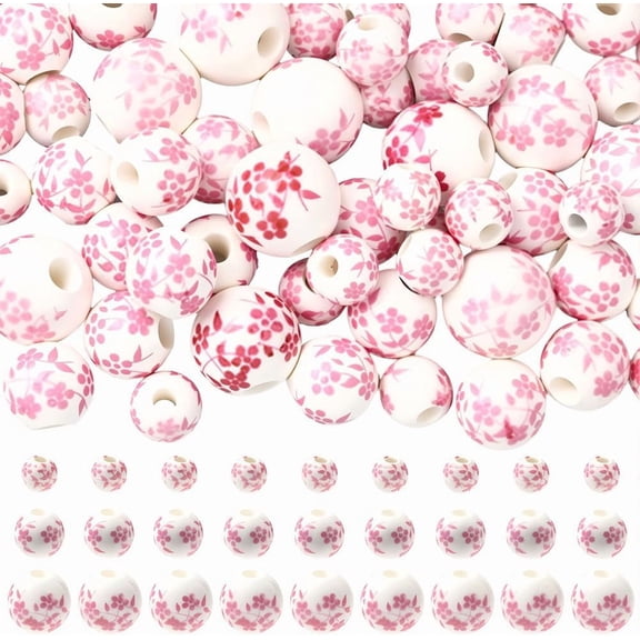 3 Styles Floral Printed Porcelain Beads Flower Patterned Ceramic Beads Round Pearl Pink 6~10mm Hole: 2~3mm for DIY
