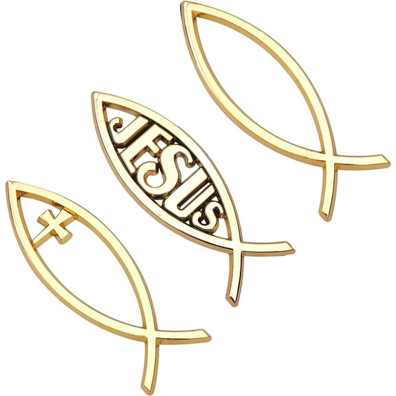 3 Styles Gold Stickers Jesus Christ Fish and Cross Self-Adhesive Metal Optic Decal Badge Emblem for Car Window Laptops Luggage Refrigerator