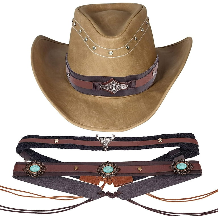 Western Cowboy Hat Straps, Styles Brown PU Leather Hemp, 35-50