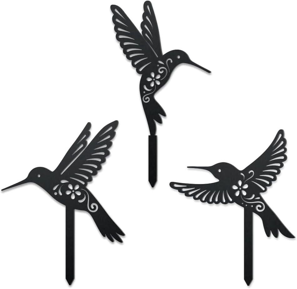 3 Styles Hummingbirds Metal Decorative Garden Stakes Funny Hummingbirds Flowers Metal Silhouette Statues Animal Garden Ornament Gifts Black Yard Art Decoration for Outdoor Backyard Patio Lawn
