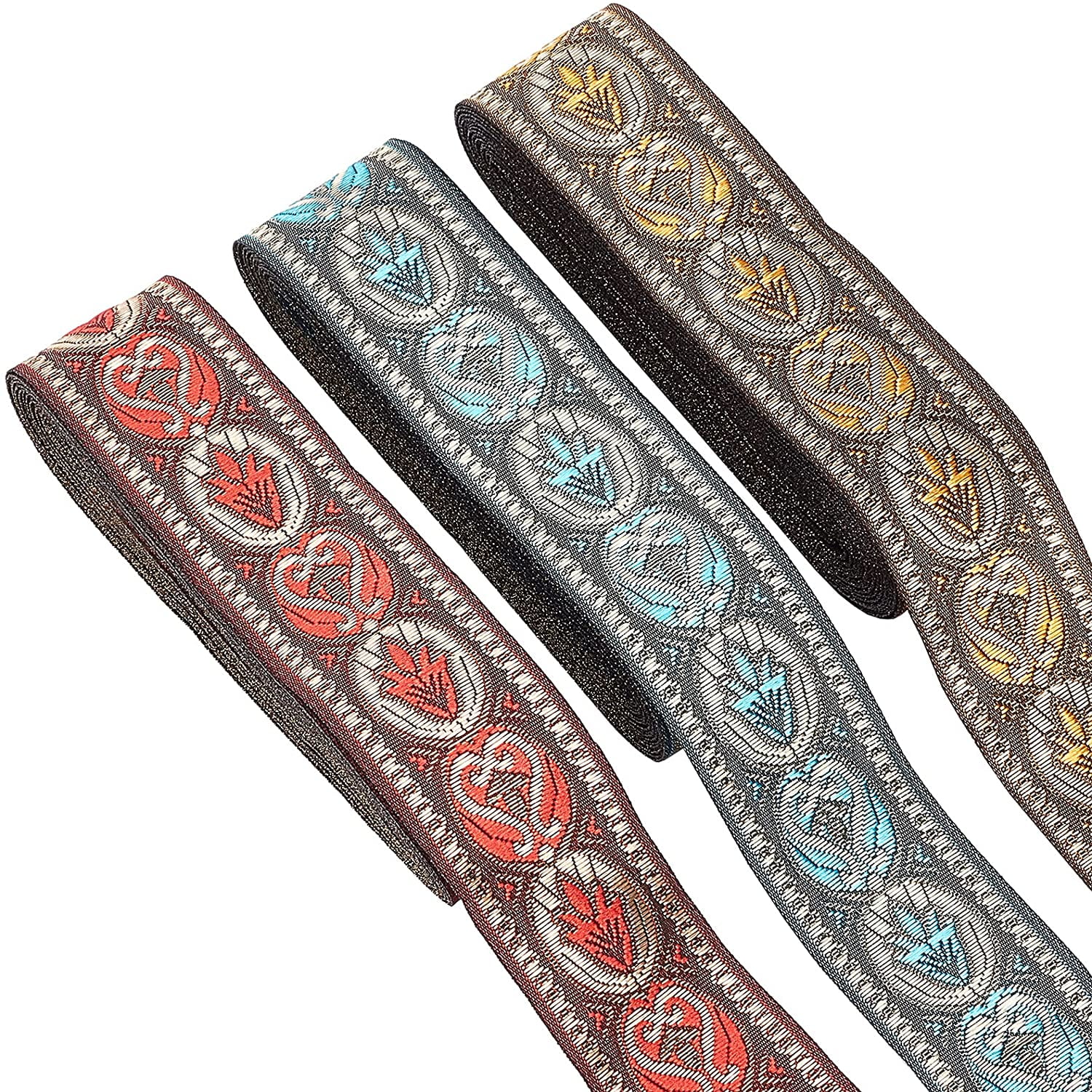 Ethnic Jacquard Ribbon Trim – 7.6 Yards, 4/5" Wide, Floral Metallic Embroidery For Sewing, Clothing, Curtains, Crafts