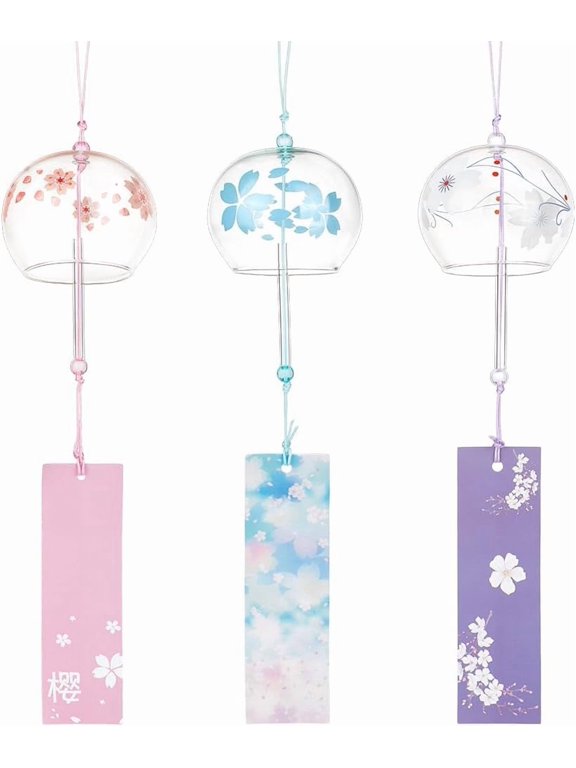 3 Styles Japanese Wind Chimes Purple Pink Blue Cherry Wind Bells Handmade Glass Pendants for Wedding Festival Gift Garden Window Outdoor or Indoor Home Decor