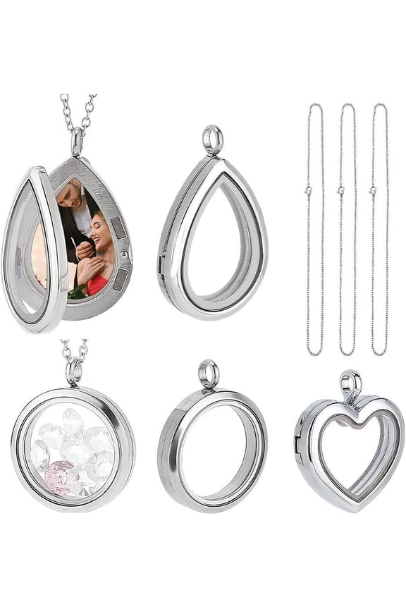 3 Styles Locket Pendant Necklace 304 Stainless Steel Memory Floating Charms Round Memory Necklace Teardrop Heart Pendant Buckle Closure