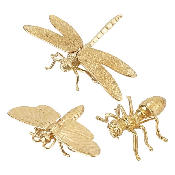 3 Styles Mini Dragonfly Sculpture Golden Brass Insect Statues Ornament Ant Moth Vintage Small Decor Figurines for DIY Crafts Desktop Decorative Gifts