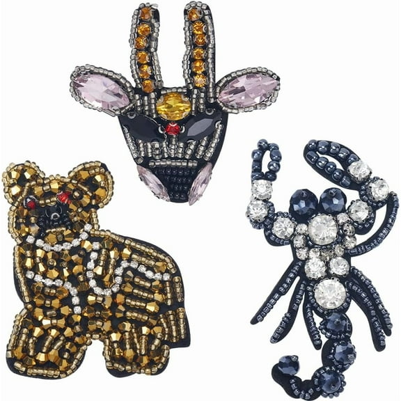 3 Styles Rhinestone Beaded Applique Animal Scorpion Dog Cattle Decorative Sew on Embroidery Patches Appliques for DIY Craft Party Dress Costume Jeans Shoes Bag Hat Decor Repair