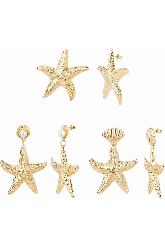 3 Styles Starfish Stud Earrings Alloy Starfish Dangle Stud Earrings Golden Plastic Pearl Beaded Shell Earrings Boho Exaggerated Starfish Drop Earrings Summer Beach Earrings Jewelry for Women Golden