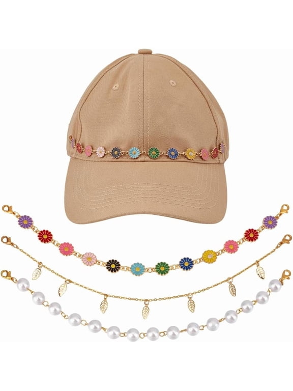 3 Styles Trucker Hat Chains 10inch Alloy Leaf & Enamel Flower & Plastic Pearl Baseball Cap Chain with Golden Alloy Lobster Claw Clasps Hat Bill Decoration Baseball Cap Accessories Golden