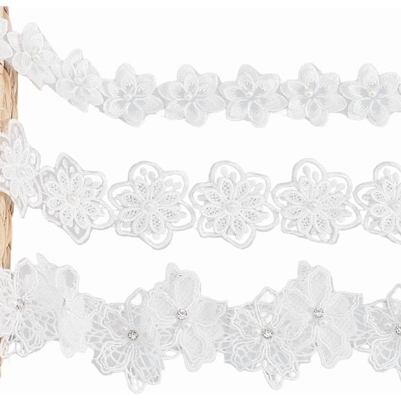 3 Styles White Flower Lace Trim Vintage Embroidered Applique Pearl Beaded Ribbon Assorted Floral Edging Lace Fabric Polyester Trimming for Sewing Making Bridal Wedding Home Decor DIY Crafts
