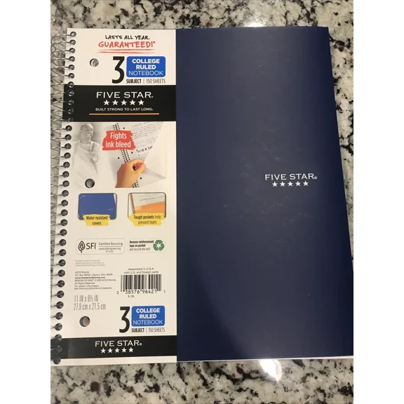 3 Subject Notebook 150 Sheets, Five Star Wirebound College Ruled