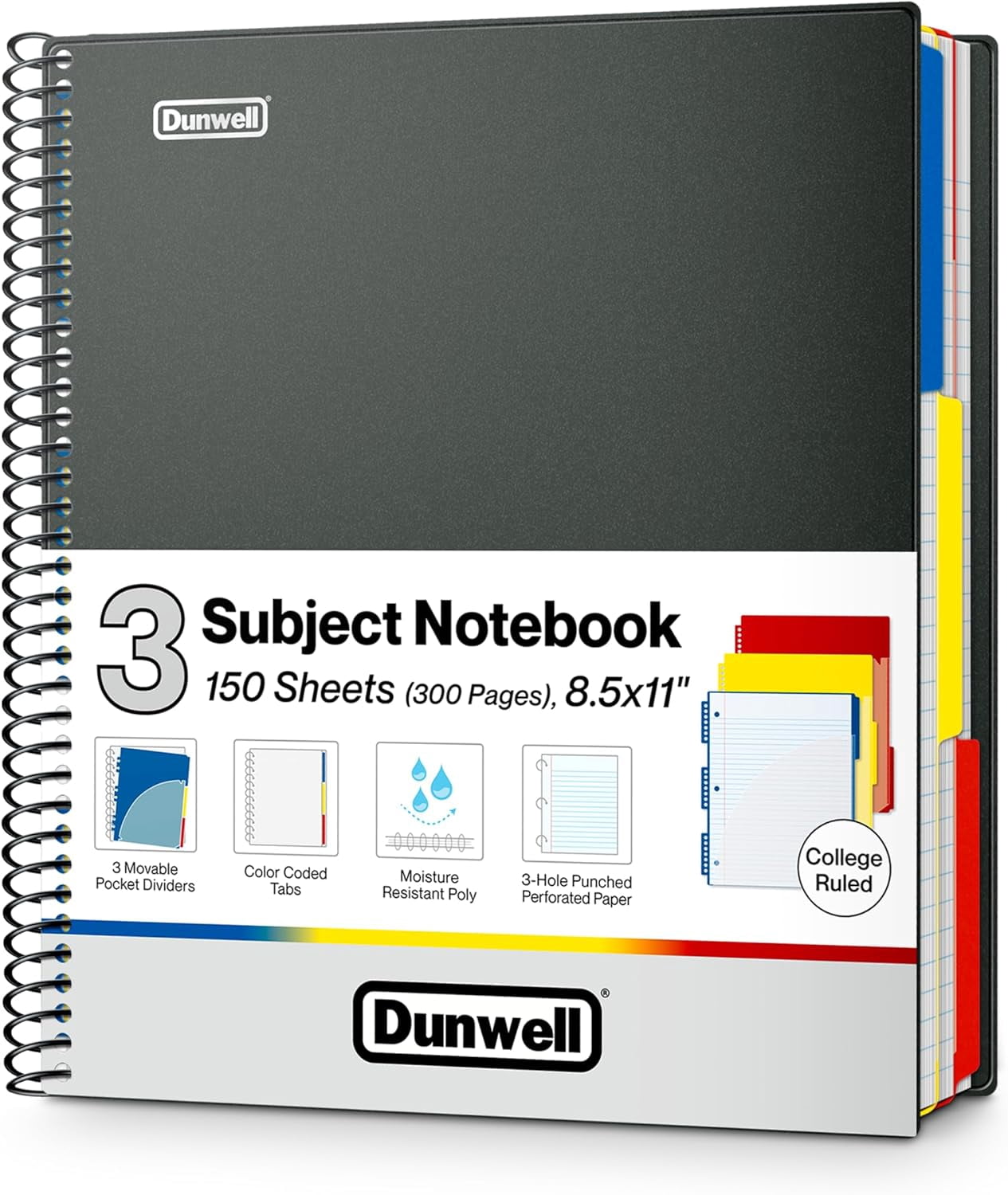 3-Subject Notebook College Ruled 8.5 x 11 (Black), 150 Sheets (300 Pages), Spiral Notebook 8.5x11 with Tabs, Movable Dividers, Storage Pockets, Protective Plastic Covers