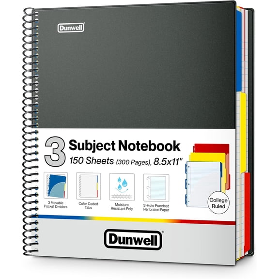 3-Subject Notebook College Ruled 8.5 x 11 (Black), 150 Sheets (300 Pages), Spiral Notebook 8.5x11 with Tabs, Movable Dividers, Storage Pockets, Protective Plastic Covers