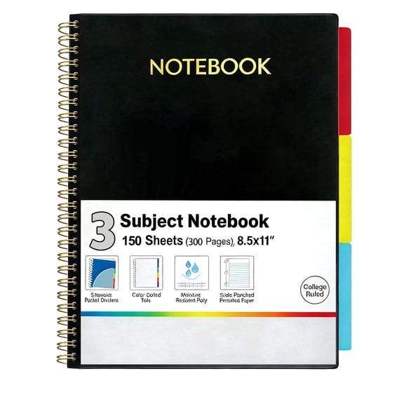 3 Subject Notebook College Ruled 8.5"x11" Spiral Notebook 150 Sheets (300 Pages) with Tabs, Movable Dividers, Storage Pockets, Protective Plastic Covers Black
