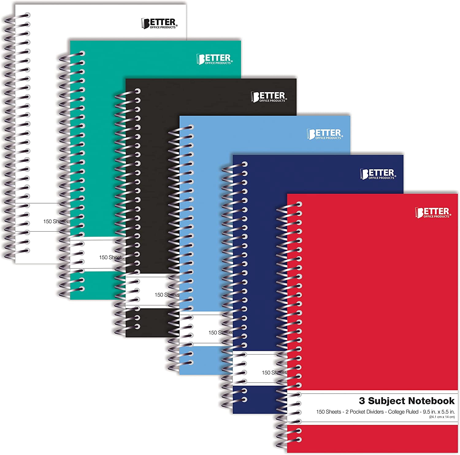3 Subject Spiral Notebooks, 9.5 x 5.5 inch, 6 Pack, 150 Sheet Notebook with 2 Double-Sided Pocket Dividers, Assorted Solid Color Covers (College Ruled)