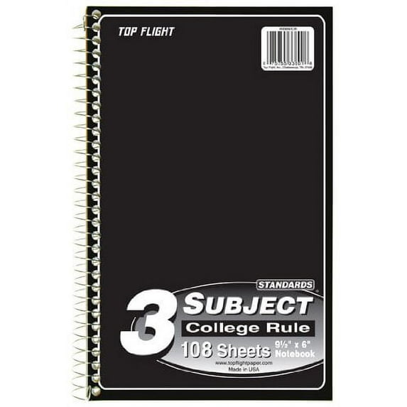 Top Flight 3 Subject Wirebound Notebook 108 Sheets College Rule (Pack of 12)