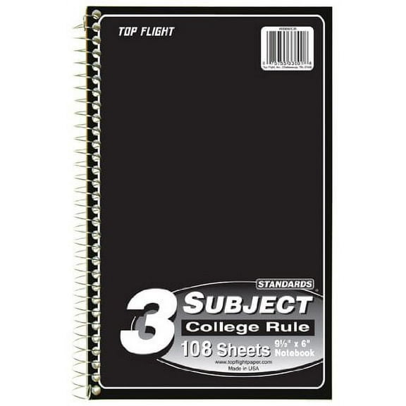Top Flight 3 Subject Wirebound Notebook 108 Sheets College Rule (Pack of 16)