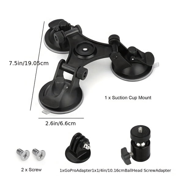 3-Suction Cup Durable Action Camera Mount  Universal Car Camera Holder with Three Suction Bases, Compatible with GoPro Hero 10/9/8/7 and Similar Action Cameras