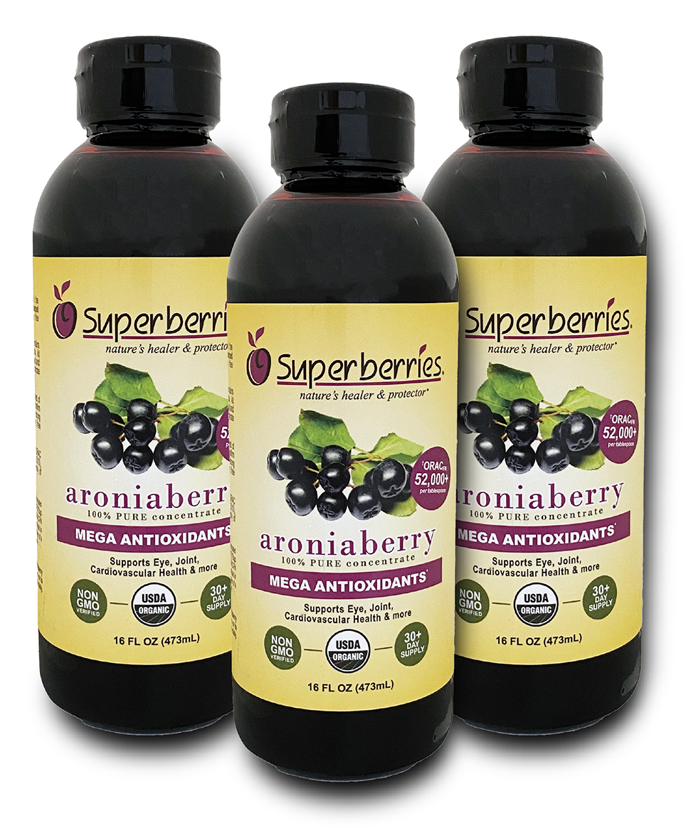 (3) Superberries Organic Aronia berry (Chokeberry) Juice Concentrate 16 Fl. Oz. 32+ Day Supply