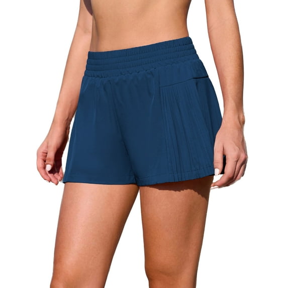 3"Swim Shorts for Women Side Pleated Bathing Bottoms High Waisted 2-In-1 Tankini Swimming Trunks with Pockets