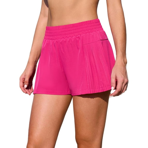 3"Swim Shorts for Women Side Pleated Bathing Bottoms High Waisted 2-In-1 Tankini Swimming Trunks with Pockets