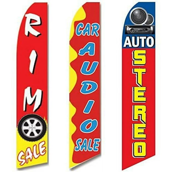 3 Swooper Flags Auto Stereo Rim Car Audio SALE Welcome Open Red & Yellow