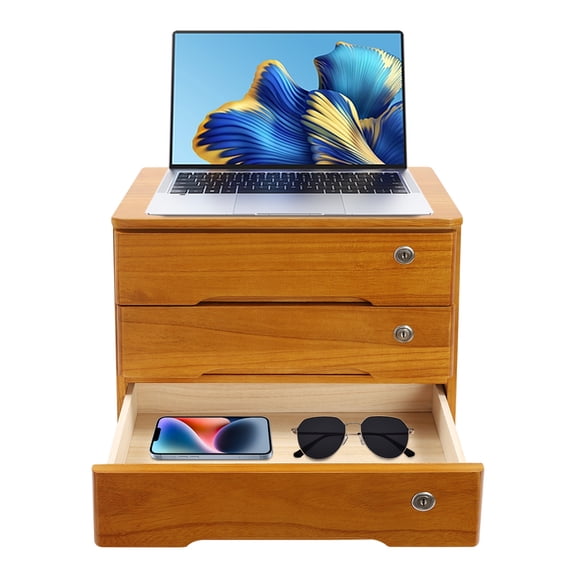 3-TIER Wood Yellow Desk Drawer Organizer Case Storage Cabinet Rectangle Tung Wood Desktop Storage Case