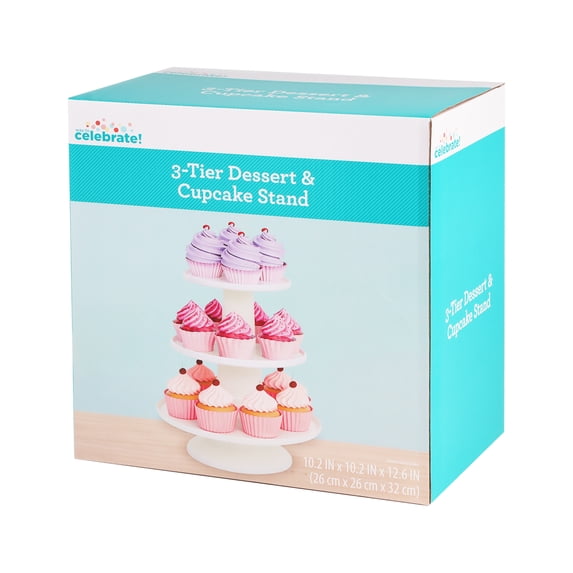 Way To Celebrate 3-Tier Dessert & Cupcake Stand, 10.2 x 10.2 x 12.6 Inch, White Plastic