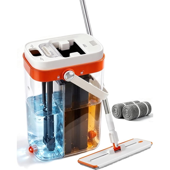 3-Tank Flat Mop and Bucket Set, 360-Degree Rotating Microfiber Mop, Suitable for Wet and Dry Floor Cleaning on Hardwood, Tile, and Kitchen Floors