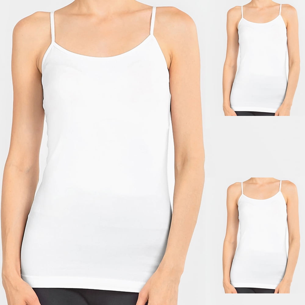 Womens Cotton Stretch Long Camisole Tank Top Cami Tunic Layering Plain  Solid