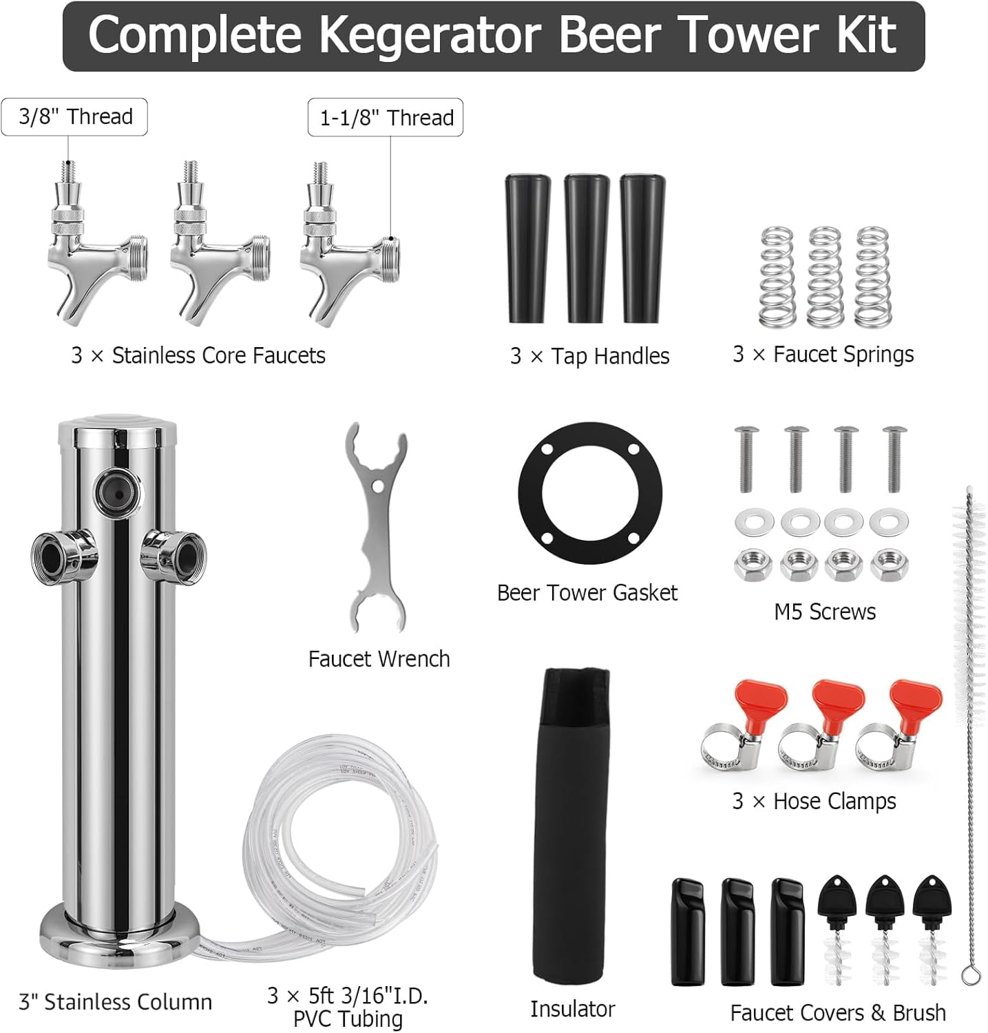 3 Tap Kegerator Tower Beer Dispenser with Stainless  Faucets and Pre-Installed Lines for Homebrew
