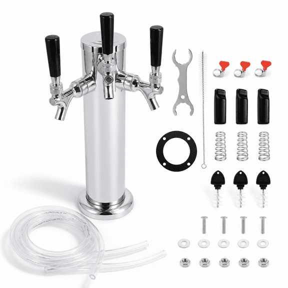 3 Tap Triple Tap Draft Beer Tower Dispenser with Self-closing Faucets