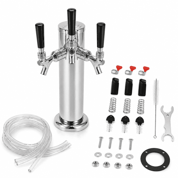 3 Tap Triple Tap Draft Beer Tower with Self-closing Faucets and Pre-assembled Tubing