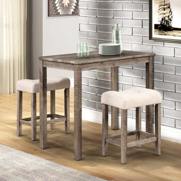 3 Taupe Dining With Button Upholstered Stools And 3d Wood Grain Paper Table Counter Height - Foam Cushioned Seats Solid Legs