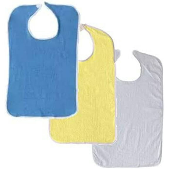 3 Terry Adult Bib with Hook and Loop Closure (Royal, Yellow, White)