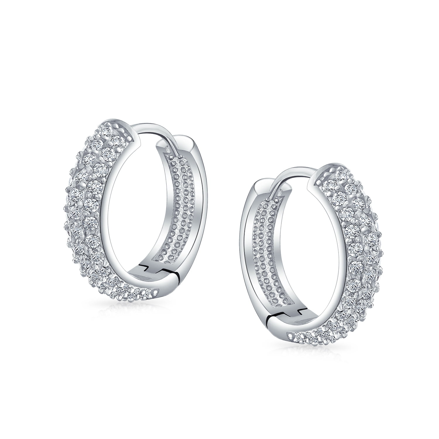 3 Three Row Cubic Zirconia Pave CZ Hoop Earrings Silver Plated Medium