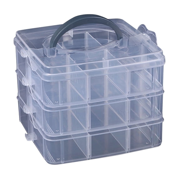 3-Tier 18-Grid Clear Plastic Storage Box – with Adjustable Dividers & Removable Trays,Desktop Organizer for Crafts & Small Parts