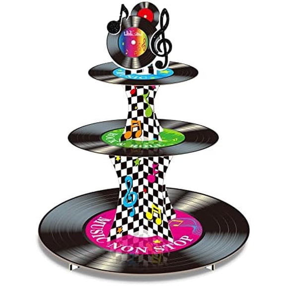 3 Tier 1950's Rock and Roll Music Party Decorations Record Cupcake Stand Vinyl Record Cupcake Holder Music Not Stop Dessert Tower for 50s Retro Theme Music Party Supplies