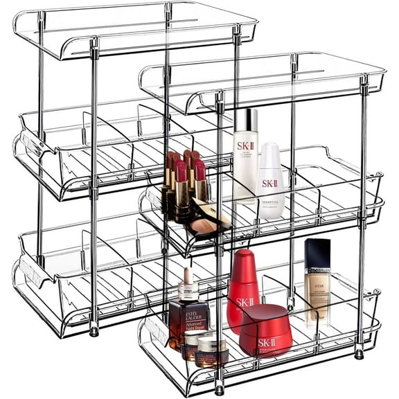 3 Tier 2 Pack Clear Pull-Out Home Organizers with 2pcs Storage Drawers, Multi-Purpose Slide-Out Organizers and Storage, Bathroom Organizer, Kitchen Organizer, Medicine Organizer Cabinet