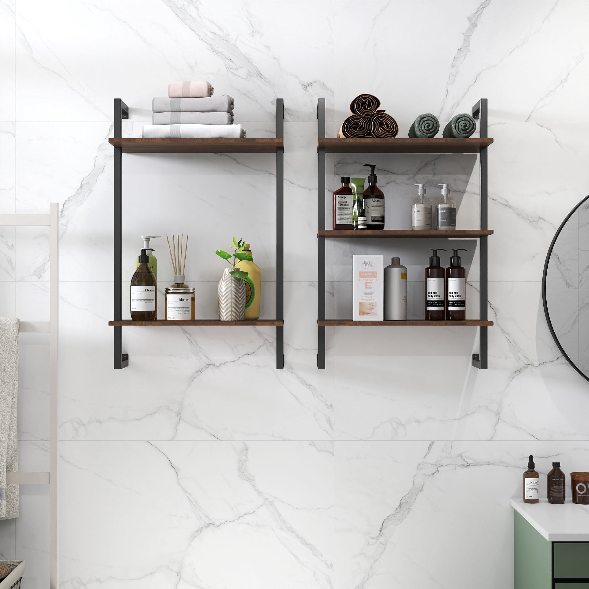 3-Tier 2-Tier Wall Mounted Bathroom Storage Shelves Metal Wood Organizer, White