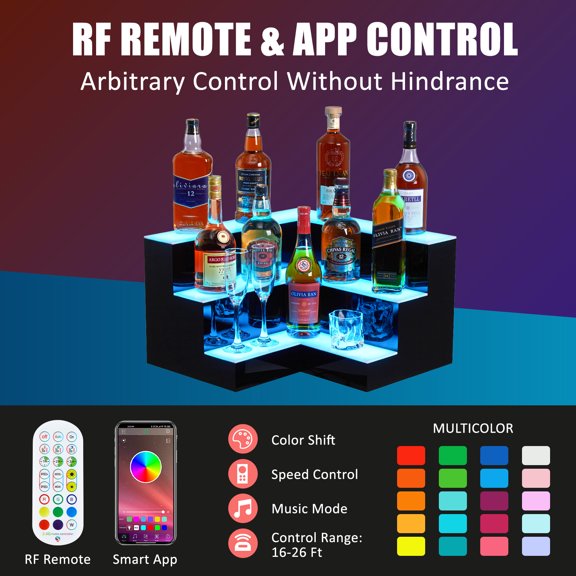3-Tier 20" LED Lighted Liquor Bottle Display Shelf – Wall-Mounted Acrylic Bar Rack with Remote & App Control, Multicolor Ambient Lighting for Spirit & Wine Storage (3-Layer, L-Shaped)