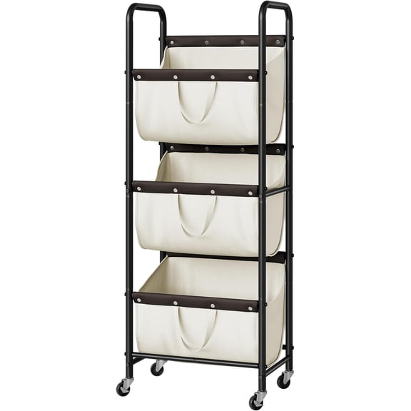 3 Tier 3-Section Rolling Laundry Sorter with Wheels, Beige Laundry Basket Cart, Heavy Duty Laundry Room Organization Storage, Mobile Clothes Separator Hamper for Bedroom, Bathroom, Closet & Dorm