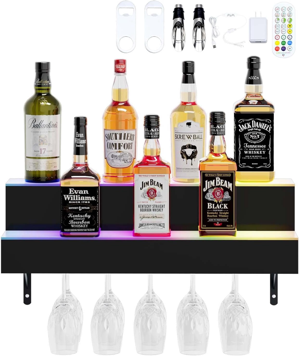 Wine Rack With Led Led Liquor Bottle Display Shelf 2-Tier 32
