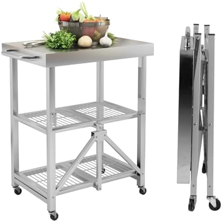 3 Tier 300 LBS Foldable Rolling Service Cart Stainless Steel Utility Cart with Wheels Heavy Duty Load Metal Table for Home Kitchen Restaurant Garage Warehouse Outdoor Hotel Warehouse