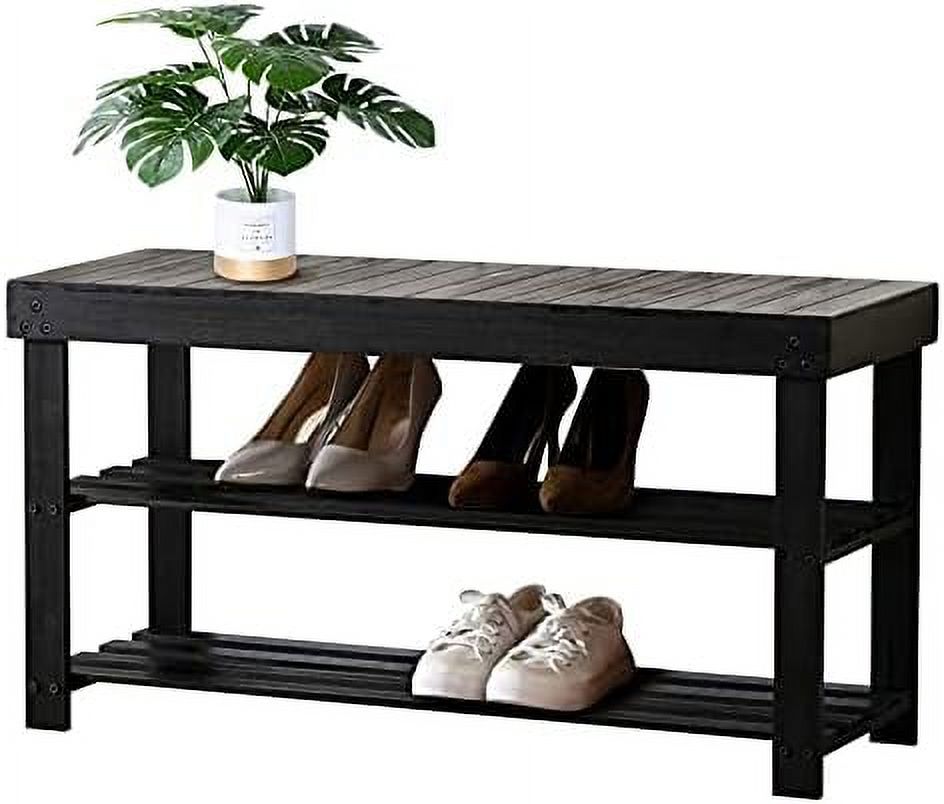 3 Tier 34" L ExtraLong Shoe Rack Bench Storage Organizer Rustic Bamboo