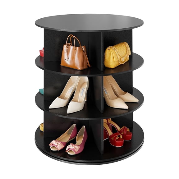 3 Tier 360 Degree Rotating Shoe Rack Tower Vertical Round Shoe Storage Carousel Freestanding Spinning Shoe Organizer for Closet Entryway Hallway Holds Shoes Handbags Accessories Black