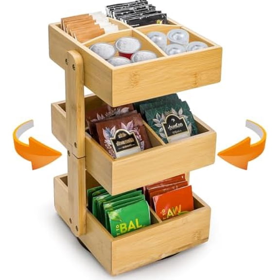 3-Tier 360 Rotating Bamboo Tea Bag Organizer Stand | Countertop Spinning Caddy for Kitchen, Bar, Pantry, Teabags Easy Assemble Space-Saving Holder$$Home Decor, Kitchen, & Other